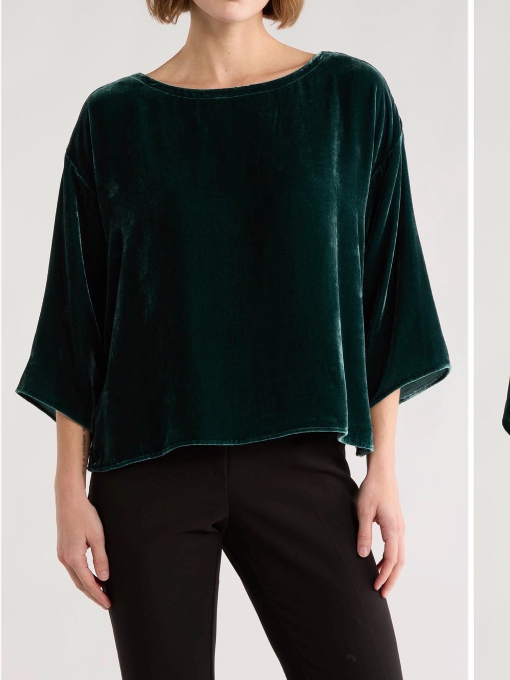Eileen Fisher Velvet Boatneck Boxy Top - Blue Spruce 3/4 Sleeve Bateau
